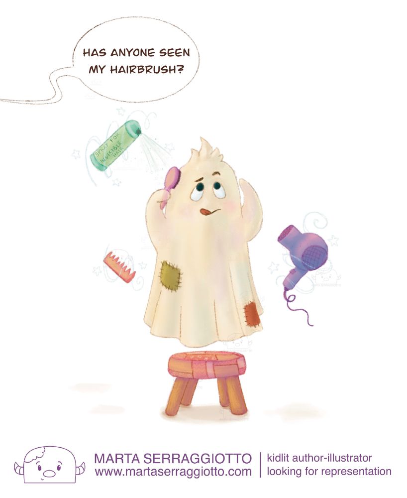 Postcard with a ghost brushing their hair, a speech bubble saying "Has anyone seen my hairbrush?" (the ghost has stolen it)