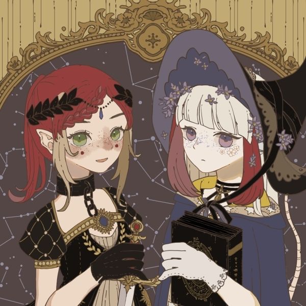 Picrew of my Warrior of Light and her partner in battle clothes