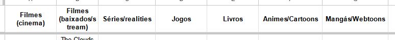 Abas da minha planilha de mídias consumidas, separadas por Filmes (cinema),	Filmes (baixados/stream),	Séries/realities,	Jogos, Livros,	Animes/Cartoons,	Mangás/Webtoons