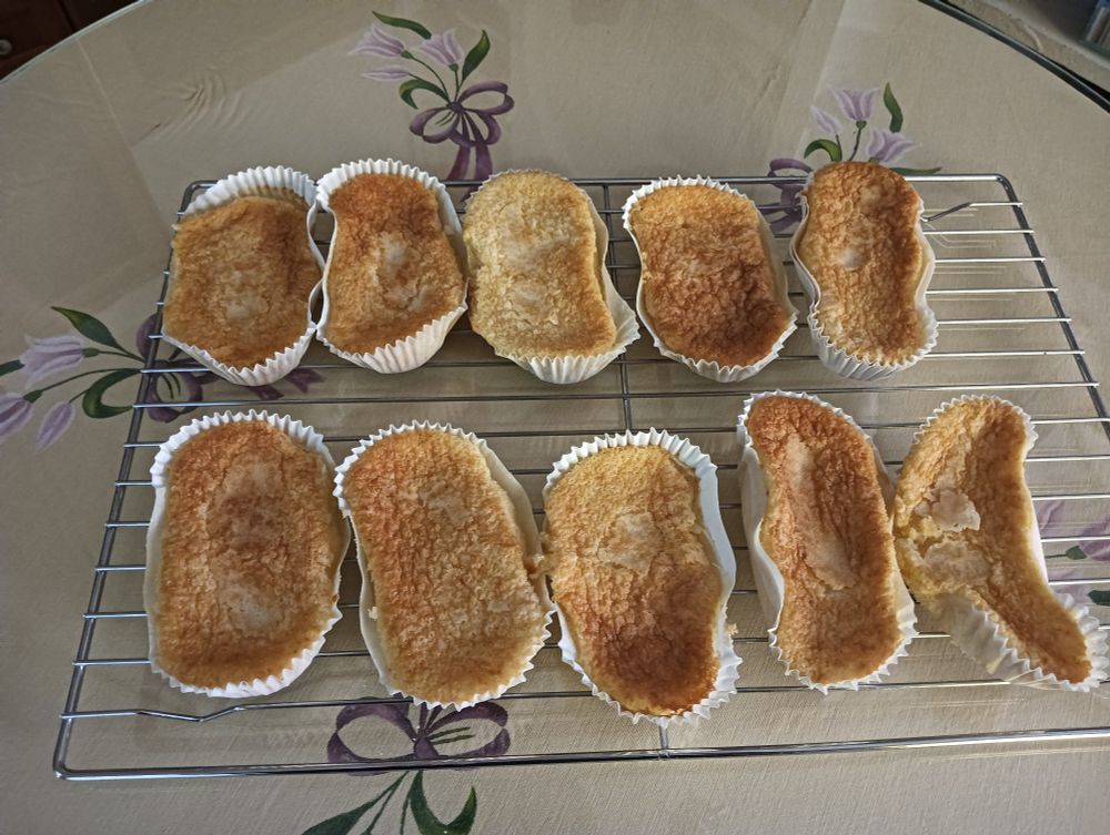 Magdalenas valencianas enfriándose en una rejilla. Están un poco amorfas porque he llenado mucho los moldes y algunas han rebosado. Los papelillos que he usado tienen pinta de endebles. La próxima vez pondré dos para cada magdalena. 