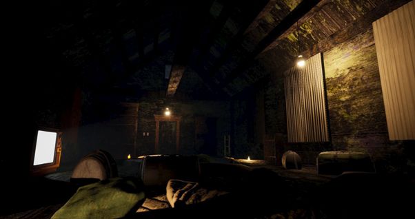 Inside of a small house, longer than it is wide, it is made of weathered grey wood that was once painted green, there are patches of green.

Their is no ceiling, the roof is visible and help up by several wooden beams that run from the front of the house to the back.

There is a central beam, above this at the front of the house is a window showing only fog, below this a light hangs lit from a cable near the door.

On the right are windows with white curtains, a light hangs lit in front of the central curtain.

The door is painted green and outlined by thick brown wood, to the left an unused wooden bookshelf and light switches, to the right a storage cabinet and a small ladder.

The floor is scattered with leather bags and little bedding, a TV shows a bright white screen, 2 candles are lit nearby, one glows yellow the other orange.

At the right of the room is another unused shelf, and 2 more bags.

Overall the room feels cozy although uncomfortable, and slightly eerie.