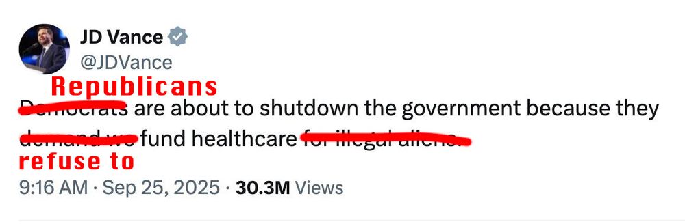 Tweet from JD Vance corrected to say Republicans are about to shutdown the government because they refuse to fund healthcare
