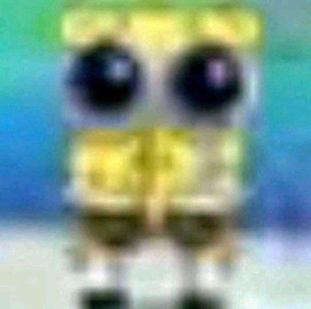 very low quality image of SpongeBob with very big eyes looking like he’s going to begin sobbing any second