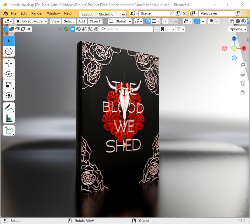 Screenshot of a fake book mockup "The Blood We Shed". Illustration by Aesyrion. In a studio lit, the book cover have metallic embellishments in the corners and shows a metallic, animal skull with roses behind it.