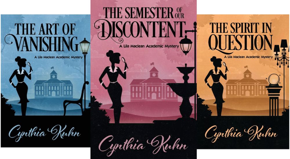 The image shows the book covers of Colorado author Cynthia Kuhn's first three installments in her Lila Maclean Academic Mystery series. Each cover features the black silhouette of a female detective against the single-color background of what appears to be her college campus. Vintage vibes.