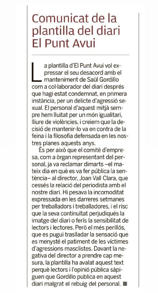 La plantilla d'El Punt no vol l'agressor Saül Gordillo