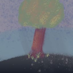 A crude drawing of a tree on a grassy hill with dandelions.