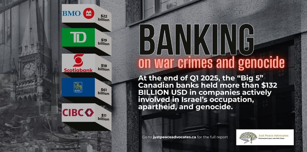 Graphic showing how much each of the Big 5 banks in Canada have invested in Israeli apartheid & genocide ($11 billion - $22 billion, depending on the bank). 