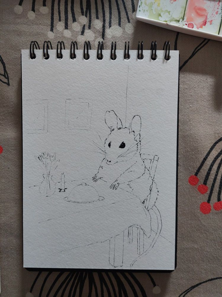 An ink sketch of a mouse at a dinner table. There's a vase, a candle, and a cloche on the table. 