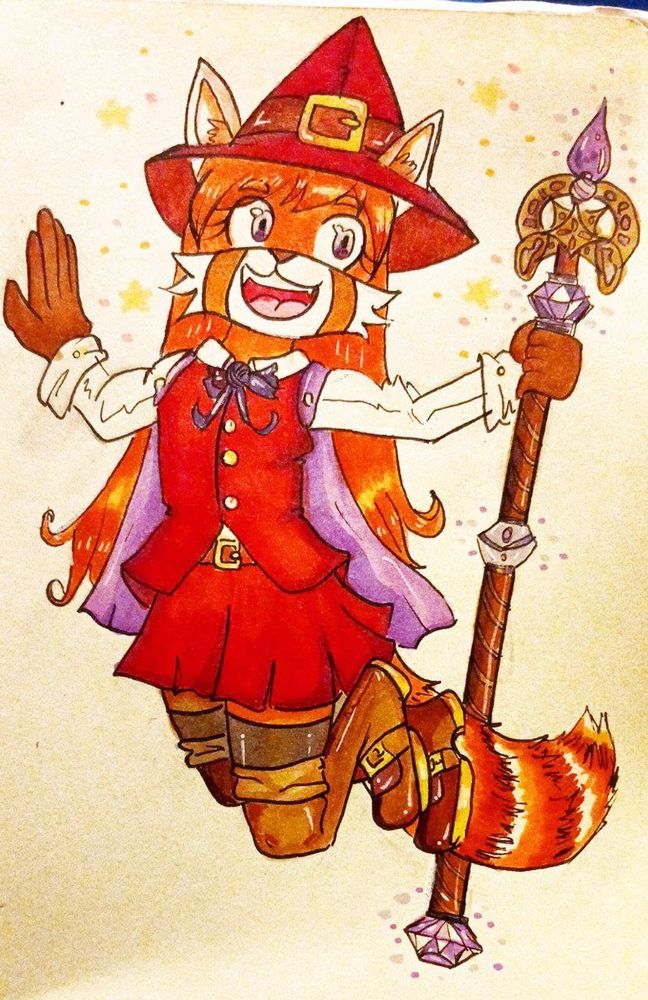 A drawing of Akane Komori: an antropomorphic red panda girl, using a crimson witch hat, a school uniform consisting of a long sleeved white shirt, a purple ribbon tie, a crimson best and skirt, a lavender cape and brown leather boots, jumping on spot with her left hand holding a ornamented wooden staff with purple gems and intricate decorations in the upper end. 