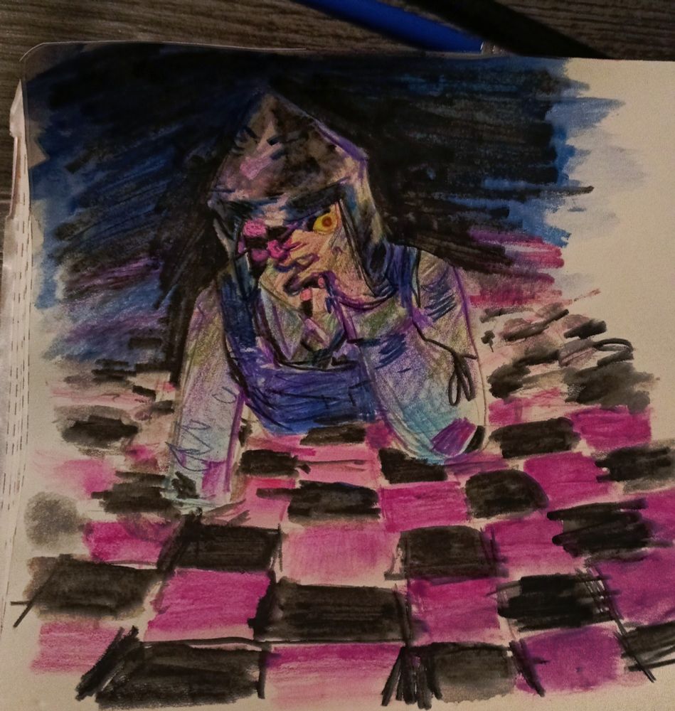 A traditional drawing made with watercolor pencils. The drawing depicts Benrey, a character from HLVRAI. He is set against a dark background, with a black and magenta checkered grid beneath him. He is half-submerged in the grid like it's some kind of liquid, with his left hand coming up to his face. He's staring at the camera from in-between his fingers, looking scared or in some kind of disstress. The upper half of his face is covered in the same checkered grid, which is also seen dripping from his mouth. 