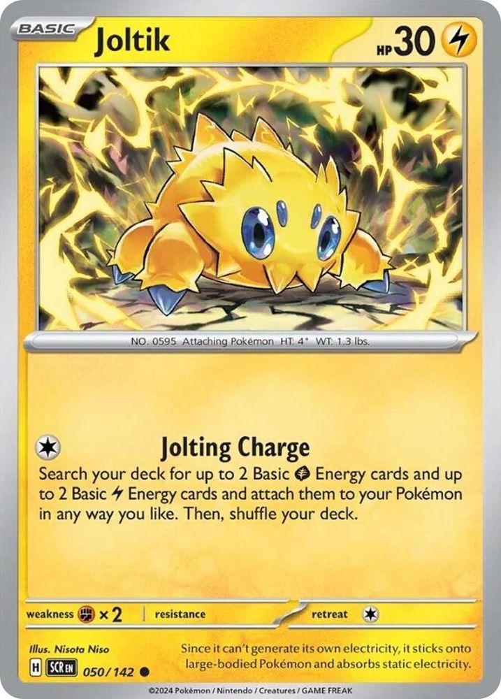 Pokemon card 

Basic Joltik hp30 Lightning type

One colorless energy: Jolting Charge
Search your deck for up to 2 basic grass energy cards and up to 2 basic Lightning energy cards and attach them to your Pokémon in any way you like. Then shuffle your deck.

Weakness fighting 2x retreat 1 colorless

Illus. Nisota Niso
