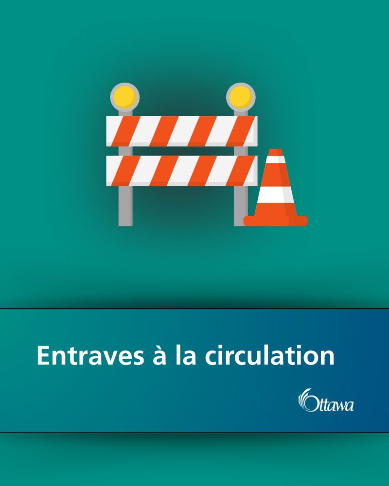 Graphique sur fond bleu et vert avec des pictogrammes représentant un portail de chantier.
Entraves à la circulation est indiqué sur le côté.