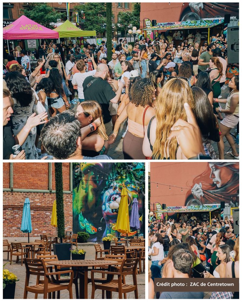 Collage de photos provenant de la ZAC du Centretown. Tables et chaises installées sur un trottoir avec une fresque murale en arrière-plan et une foule de personnes participant à un événement en plein air avec une fresque murale en arrière-plan.
