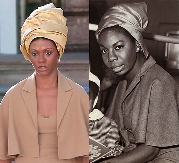 Photo split in two. Left picture is of Zoe Saldana in a prosthetic nose and painted darker skin to try to look like Nina Simone. Right picture is of the real Nina Simone