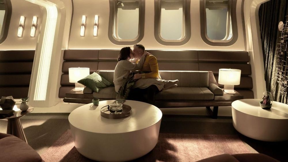 Melanie Scrofano as Captain Batel and Anson Mount as Captain Pike in Star Trek: Strange New Worlds season 3 episode 2 "Wedding Bell Blues." 