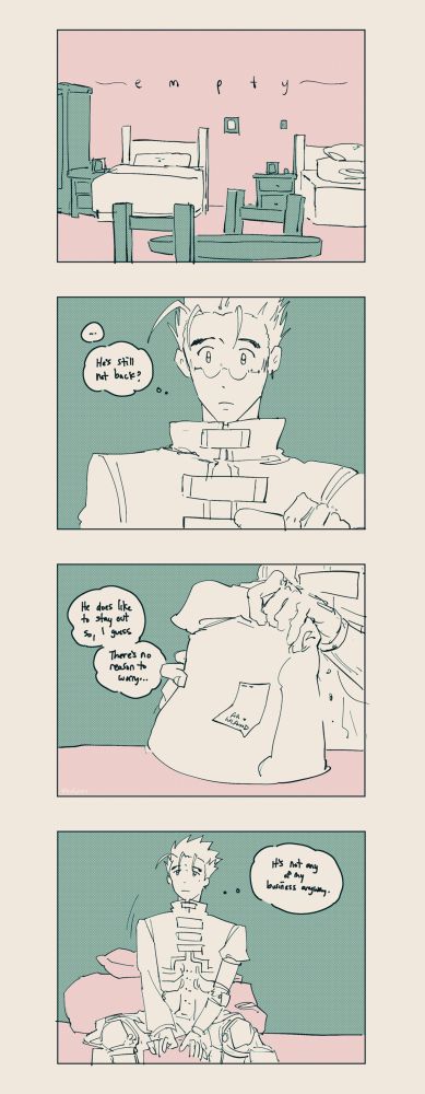 The fourth page begins with a shot of the room, two beds being highlighted, one of them being made properly with the blanket draped over the bed and the other with the blanket folded and pillow sitting on top of it. There's no sign of Wolfwood. The second panel shows Vash with a disappointed look as he thinks, "He's still not here?" The third panel shows Vash putting the bag of food on the table. Stapled to the paper bag is the receipt with a written note "For Wolfwood." Vash's thoughts continue "He does like to stay out so, I guess there's no reason to worry..." The fourth panel shows Vash sitting his bed somberly with his thoughts continued, "It's not any of my business anyway..."