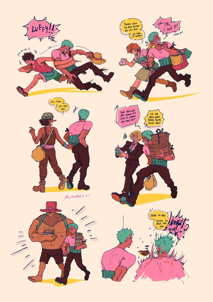 6 duo drawings of Roronoa Zoro and one of the Straw Hats, collaged on one canvas, digital art in color. First is Luffy dragging Zoro by wrapping a stretched arm around Zoro’s torso. Next is Nami dragging Zoro by the ear, speedwalking off. Next is Usopp grabbing Zoro’s haramaki to keep him from going the opposite direction. Next is Sanji and Zoro literally butting foreheads, being annoying as they walk the same direction. Next is Chopper in heavy point and Zoro holding hands, buddied up. Lastly is Zoro walking alone and then Robin’s features sprouts on the wall next to him, pointing him in the right direction. Zoro gets jumpscared, jolting in shock. More descriptive ID can be found in the close ups post replied to this thread.