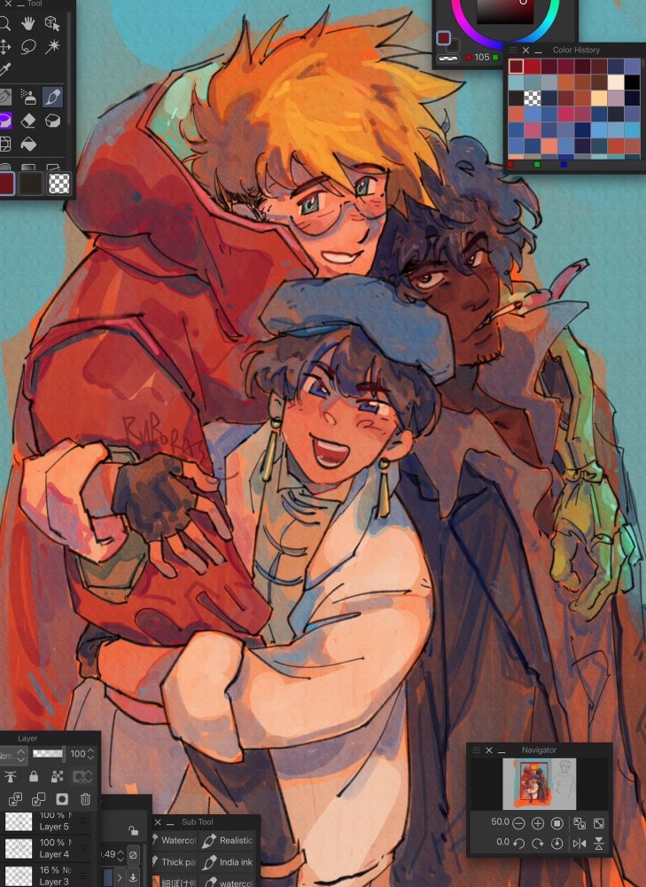 vash, meryl, and wolfwood from trigun stampede, posing together, in color fanart, screenshot with the csp ui scattered around it. vash has his right arm hugged by meryl, she looks at the viewer with a bright excited smile. his left arm is draped over wolfwood’s shoulder, wolfwood looks at the viewer with small smile, a lit cigarette hanging off his lips. vash looks to the viewer with soft toothy smile and noticeably taller than the both of them.
