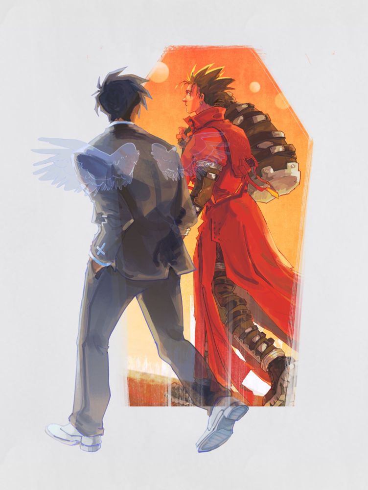 trigun max fanart, post vol 14. wolfwood and vash are walking side by side, but in separate planes as wolfwood looks at vash through a coffin shaped frame. wolfwood has wings on his back and his body is a bit transparent, his hands are tucked in his pockets as he walks, looking towards vash. vash, from the other side of the frame, walks on the desert ground with an orange sky behind him and 3 moons in view. he carries his bag in one hand over his shoulder. he has a small smile on his face, looking onwards, unknowing of the presence next to him.