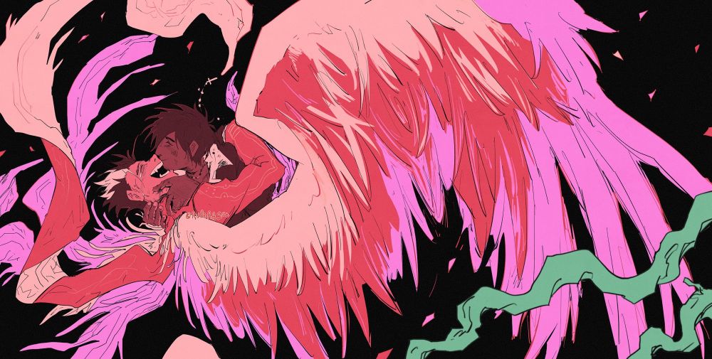 Vash’s hair is darkened half, indicating post vol 10. He’s smiling brightly, head tilted back as Wolfwood holds his neck and face, pressing a kiss on his cheek with closed eyes and a gentle smile. The beads of his broken rosary floats upwards. From Vash’s back, a half of it sprouts a full feathered wing, filling up most of the right side canvas. The other half sprouts his plant-feather wings, curling around the side of the canvas . The palette is of the previous pink, bright red, and a red/orange tinted white. Confetti floats around them. On the bottom right, two roots are shown to lead into the next piece.