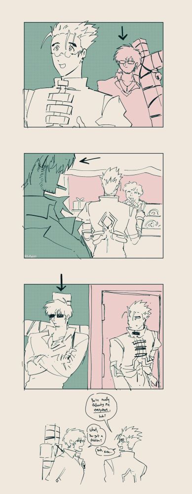 A limited palette of green and pink, Vashwood comic. The first page serves as a prologue. The first panel shows Vash speaking to someone off screen while Wolfwood is lingering behind him. A black arrow is drawn pointing at him. In the second panel, Vash is buying donuts in the distance while Wolfwood is once again in view, lingering. and the black arrow is drawn pointing at him. In the third panel, Vash is leaving a cubicle and turning towards his right with a slightly peeved expression. He sees Wolfwood, leaning against the cubicle, waiting for him, and with the black arrow drawn, pointing at him, implicating the consistent hovering of Wolfwood’s presence during Vash’s everyday. At the bottom of the page, they’re drawn out of panel with Vash turning to Wolfwood and saying with an irritated expression, “You’re really following me everywhere, huh?” Wolfwood responds, “What, you got a problem?” Vash responds without hesitation, “Yeah, kinda...”