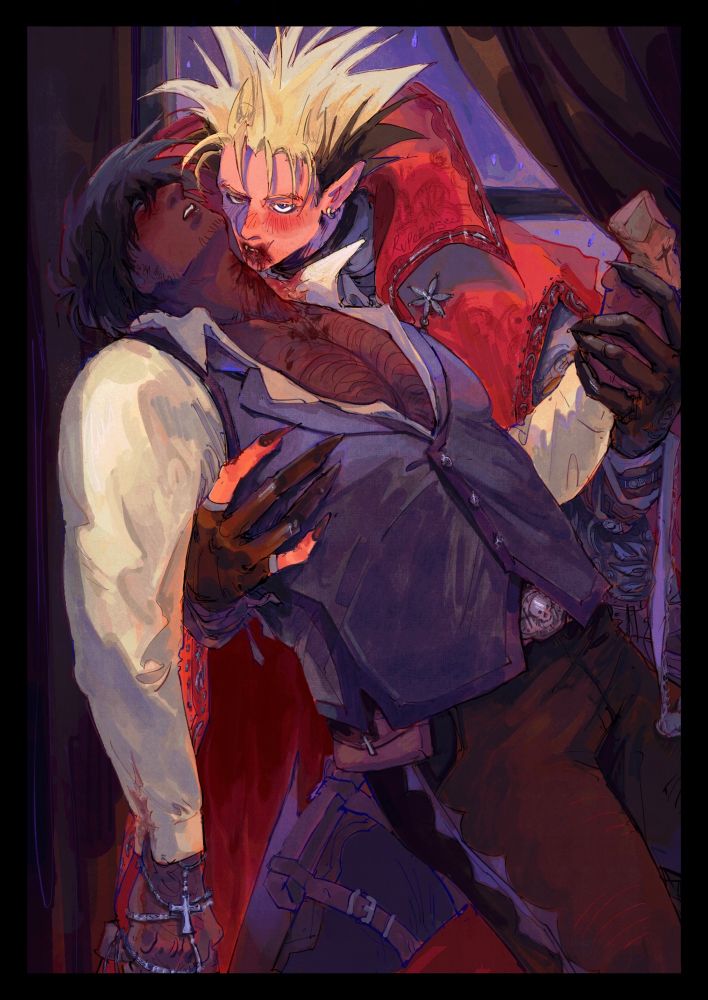 trigun maximum fanart, vampire alternate universe. vash holds a limp wolfwood with one hand around his back, coming around to the front by his chest and the other, gripping onto wolfwood’s hand who seems to be holding a stake. vash’s face is near wolfwood’s redden bitten neck, blood all over his mouth, connecting to the blood dripping from the bite. he holds eye contact with the viewer, flushed cheeks but with guarded eyes. he wears a red cape with a big collar adorn with small ornaments at the edges. wolfwood wears a white dress shirt and over it, a purple vest. the arm not held by vash is limp by his side, a cross necklace draped around his wrist. his cheeks are flushed too and his eyes are closed, lips parted, in quiet bliss.