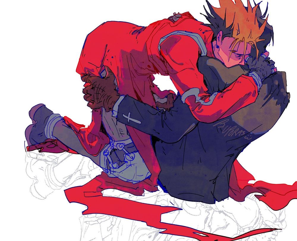 vash and wolfwood from trigun max fanart in color. the two are holding each other, positioned with wolfwood’s back to the viewer and vash hovering over wolfwood’s lap, leaning down to hold him by the nape while his other hand dug underneath wolfwood’s jacket, the silhouette of his hand seen beneath the fabric, at wolfwood’s right shoulder. vash’s eyes are shut with his chin resting against wolfwood’s shoulder. wolfwood has both his hands on vash’s thighs. reflected at the bottom of the canvas is the lineart, but instead of wolfwood, vash holds and is held by a skeleton.