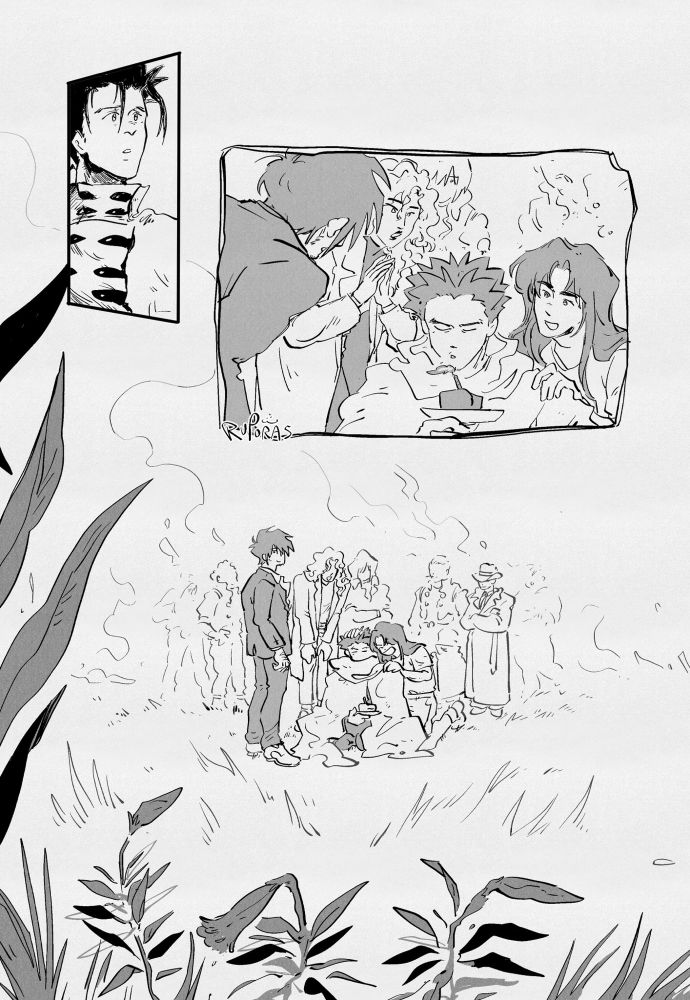 vash turns away from meryl, looking to where he was just before. the image has shifted; knives with black hair blowing out a candle stuck on a slice of cake, rem next to him with an excited smile, wolfwood, elendira, and legato also present. conrad and other members of rem’s ship can also be vaguely seen amidst the crowd and as rem pats knives’ head, wolfwood seems to look at the viewer (or at vash). at the foreground, leaves of the lily frames the edges.
