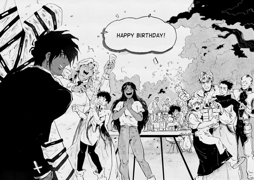 text, “happy birthday!” with confetti sprinkled all over and a crowd of people there to greet vash. from left to right: wolfwood is now holding the punisher and is grinning, milly is holding a party popper with a happy smile, meryl is holding one too and more flimsy with it, rem is at the center clapping happily, jessica is holding a present box with a surprised expression, brad is behind her holding a party popper with a grin, luida is next to them clapping, an unnamed ship member stands next to them. in the background, frank marlon is seen sitting and smiling towards vash, more vague figures are in the back, uniforms belonging to those of luida’s ship. a table can be seen at the center, though mostly obscured by the people, with the cake and alcohol.