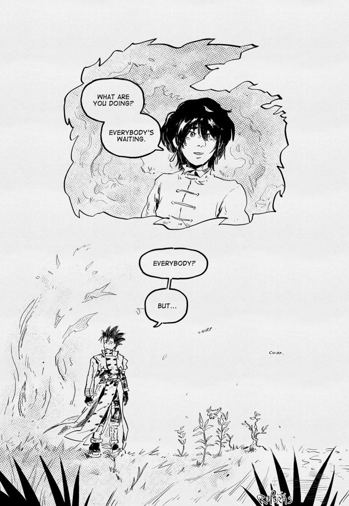 in the foliage panel, meryl with slightly longer hair, resembling her post trimax look, looks at him with a small smile and asks, “what are you doing? everybody’s waiting.” “everybody? but…” vash can be seen standing still in greenery, his hair black, with a small growth of flowers sprouting nearby his feet. at the center of the flowers is a lily. the sound effect text reads “chirp chirp…”