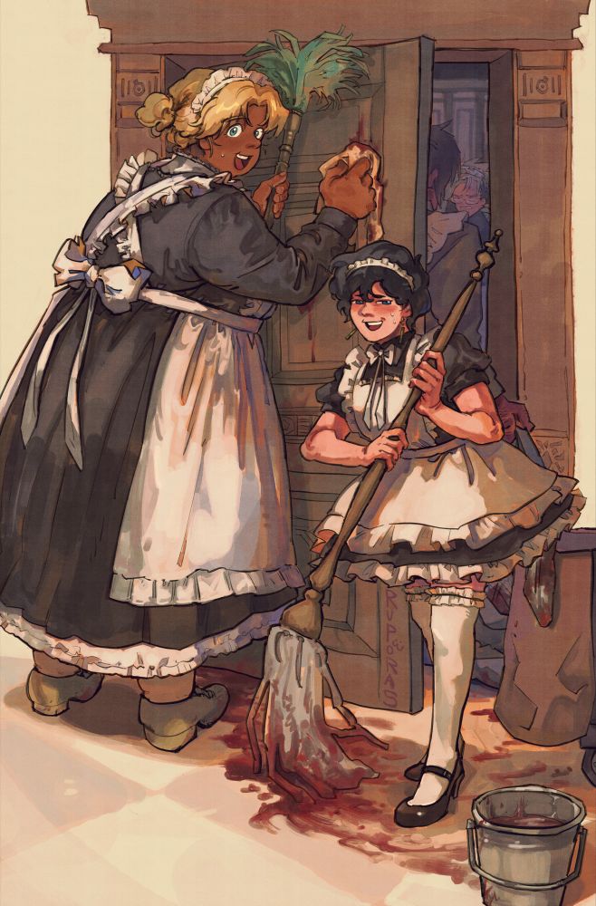 trigun fanart of meryl and milly in maid outfits, cleaning up a blood spill in front of a slightly opened door. milly is wearing a long maid dress, back turned to the viewer as she wipes the door with a cloth and the other holding randomly a feather duster, but she looks back with a surprised smiling expression. meryl is wearing a shorter maid dress and white thigh highs, mopping the bloody floor as she looks to the side, avoiding gaze with the viewer and holds an awkward smile. a bit inside the room, past the ajar door, the back of wolfwood’s head can be seen as well as his hand, dragging a body by their jacket. vash can be seen further in, a hand on his forehead, wearing glasses, and looking at wolfwood with a troubled expression. both of them also seem to be in uniform.
