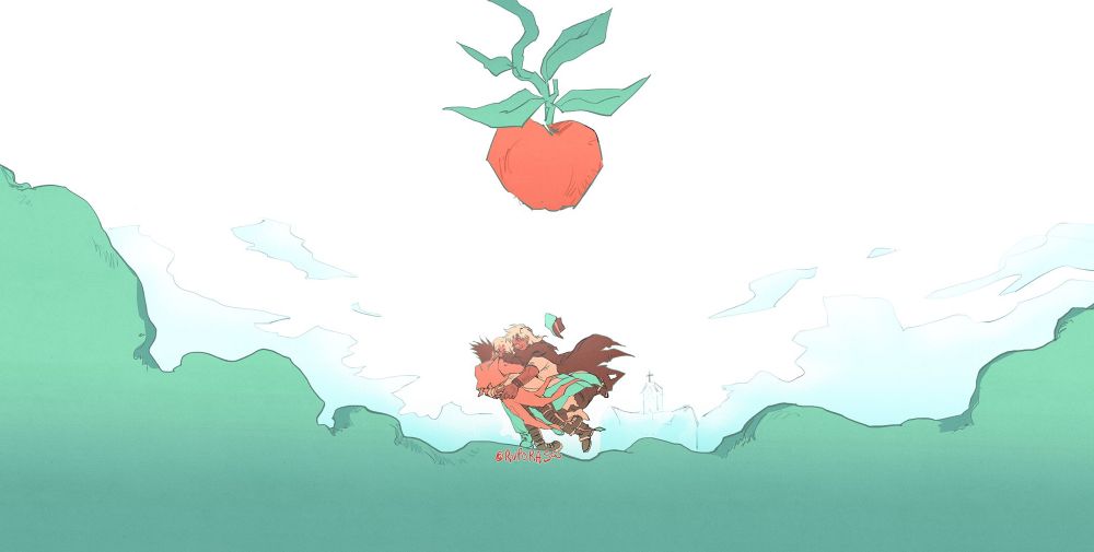 The roots from the previous illustration comes into this page, giving an expansive ground. At the center, it shows Vash being hugged energetically by Meryl, Milly, and Livio, all of them jumping at him, and all of them tilting back to eventually fall together. The background is white with blue clouds in the distance and the silhouette of Hopeland’s Orphanage. At the top center pictures the roots carrying a red apple.