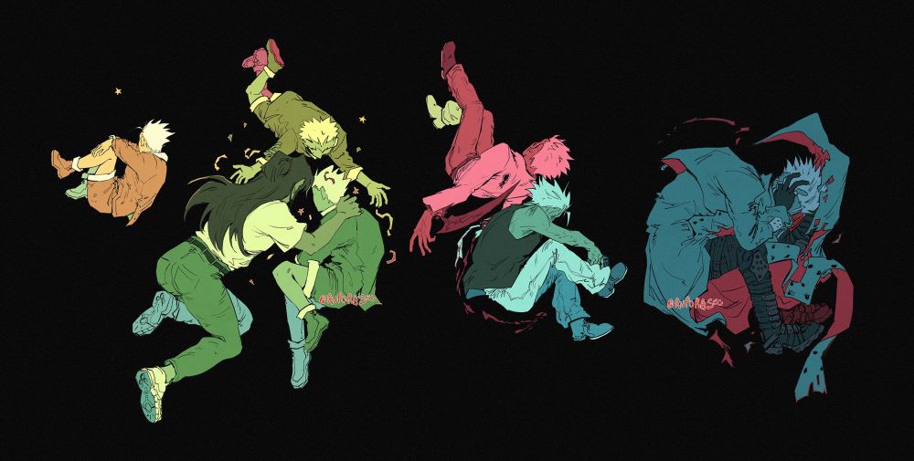 Sequential illustrations of various Vash’s throughout his journey in Trigun Max through the use of the zero gravity space, floating. The background is flat black. First, younger Vash is curled into a ball, his knees pulled near his chest and arms crossed against them, looking at a star. Palette is warm yellow. Next is Vash, Rem, and Knives floating together, Rem at Vash’s left with a hand on his shoulder and her other hand on Knives’ arm. Knives floats from the top down, arms open to release confetti and stars. Palette of greens, Knives in a warmer hue. Then young Vash and Knives are back to back in their ch.76 outfits, Knives faces upwards with a scythe formed out of his wrist and a bullet hole at his shoulder. He’s color in red. Vash leans against his knee, a hand holds a gun, the other freshly cut and bandaged. He’s color in teal green. The last Vash, now older, is of pre-Trimax. He’s further curled in on himself, his coattails float upwards to cover him. Color in teal blue and red.