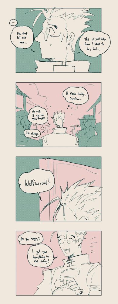 The third page begins with a close up of Vash's miffed expression, the continuation of Vash's thoughts, "Now that he's not here, this is just like how I used to be, but... It feels lonely somehow. Oh well, I'll see him again tonight, like always." In the second panel, it shows Vash walking through the marketplace crowd, alone. In the third panel, the door panel is a close up of the door opening with a peek of Vash's head. He says, "Wolfwood!" In the fourth panel, Vash is holding a bag of food with a bright smile and says, "Are you hungry? I got you something to eat today!"