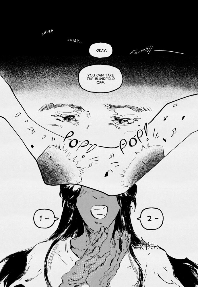 sound effect text can be read “chirp chirp…” “fwoosh” over a black background that gradients into white as wolfwood says, “okay. you can take the blindfold off.” an up close of vash’s eyes opening that leads into a panel made by the shape of his blindfold, two party poppers “pop”-ing. with her eyes obscured by the previous panel, rem can be seen with hands ready to clap as she says, “1- 2-“