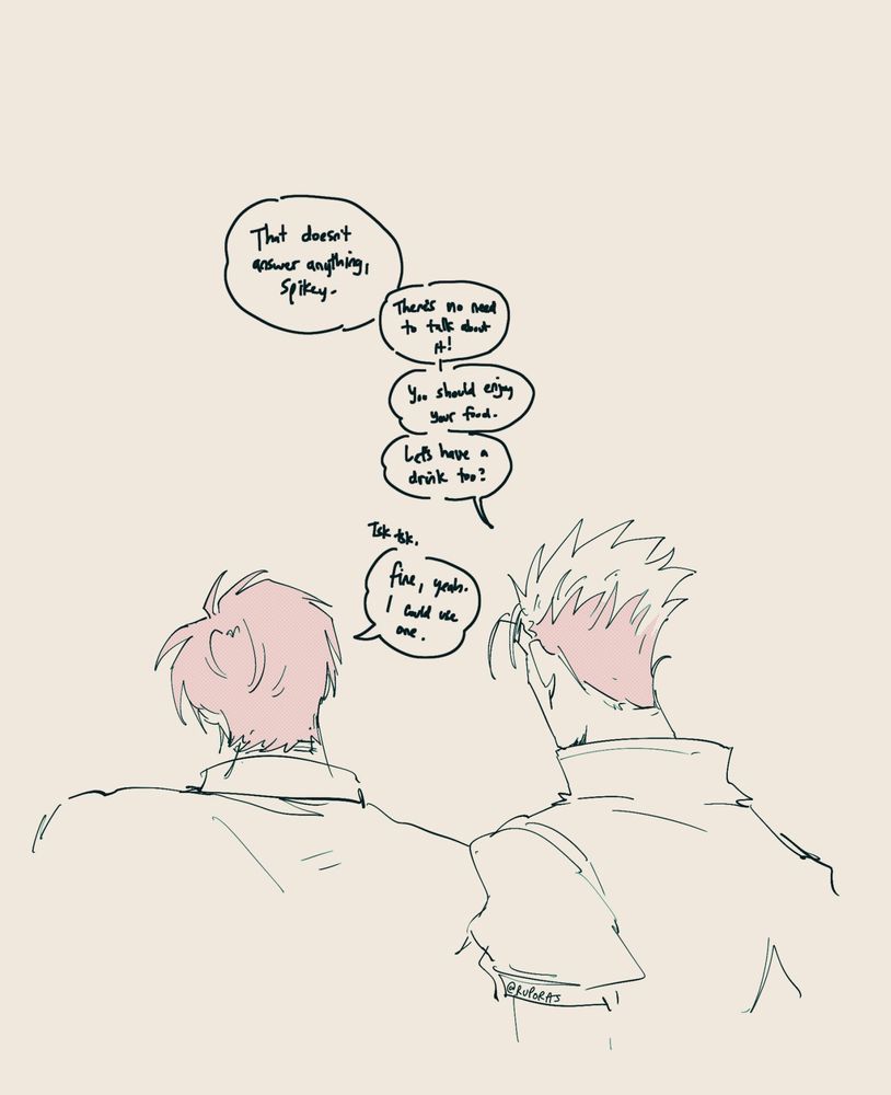 The final page is a back shot of both of them standing next to each other, Wolfwood's head tilted slightly to the left, not fully believing Vash as he says, "That doesn't answer anything, Spikey." Vash responds, "There's no need to talk about it! You should enjoy your food. Let's have a drink too?" Wolfwood responds, "Tsk, tsk. Fine, yeah. I could use one."