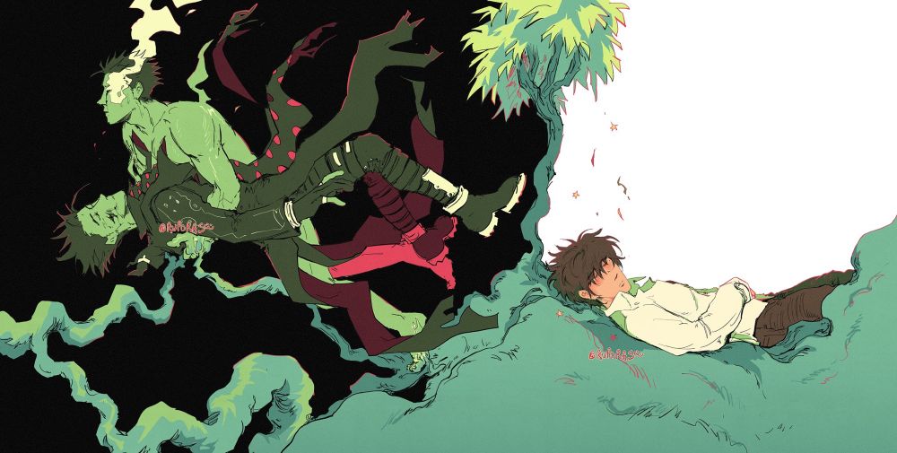 Knives carries an unconscious Vash with an arm around his back, similarly to how he did in vol 97. Knives’ expression can’t be seen, blocked by the smoke coming from his face, but the blood on his face mimics tears falling. The palette is of greens, accented by the previous bright red. Still being in zero gravity space, Vash’s unconscious body floats and Knives floats along too, but roots are forming from his body, giving him footing to push along. The roots eventually form into a full ground on the other half of the canvas and a tree that separates the two sequences. The background on the other half of the canvas is now white and Vash lies alone against the roots in his outfit post vol.97. He is no longer floating. From the tree, it sprinkles out the same confetti and stars from the first illustration in the thread.