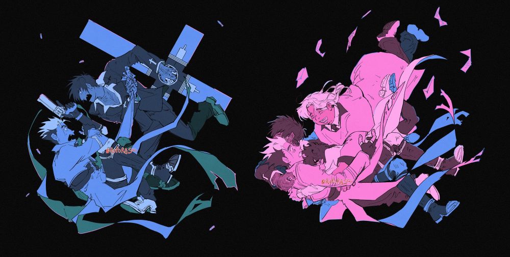 The first shows Vash in his early Trimax outfit, slightly curled in on himself floating, but is surprised out of it with Wolfwood “stepping” into his space, pulling a coattail to stop him from hiding. They both hold their respective weapons with their right hand and the rest of Vash’ coattail floats around him. The palette is blue, accented by the previous teal. Bullet shells float around them.

Vash is now joined by Meryl and Milly, Meryl who hugs him tightly with her face in his chest and Vash looks at her surprised. Wolfwood also now hugs hum too with one arm around his back. Milly’s arms are spread open, encompassing a hug to all of them and smiling brightly. Mail, posters, and a pen floats around them. The palette is pink, accented by the previous blue.