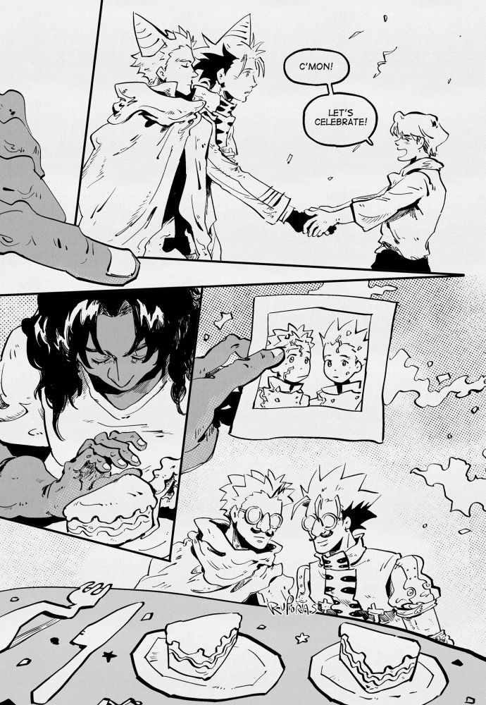 the first panel shows lina is the one holding vash’s hand, leading him and says, “c’mon, let’s celebrate!” the panel is sliced by a hand and a knife cutting and the next panel shows rem plating a piece of cake carefully. at the foreground, there’s the table showing a slice of cake for vash and knives, a fork and knife next to each other. vash and knives are wearing the goofy round glasses with a huge nose and mustache. rem holds up a polaroid photo of the younger twins, seemingly so from their first birthday.
