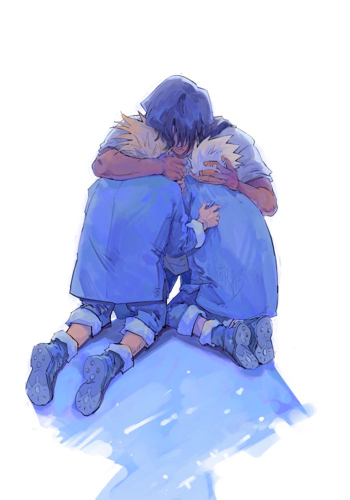trigun maximum fanart. rem, vash, and knives are on the ground, rem hugging them around their shoulders with a gentle hand on the back of knives’ head, bringing their heads in close, rem seemingly saying something to the both of them. vash and knives are sitting on their knees. vash has a hand on knives’ back, holding his jacket, while he has his other hand wrapped around rem’s pinky. knives is hugging rem. a blue shadow is cast on the ground, white stars sprinkled in.