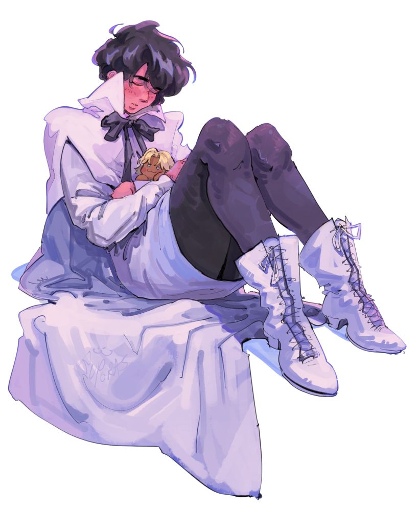 fanart of meryl stryfe from trigun max, resting against a white background. she’s sitting up, her head dropping slightly as she sleeps with a small smile. in her arms, hugged near her chest, is a small milly plush.