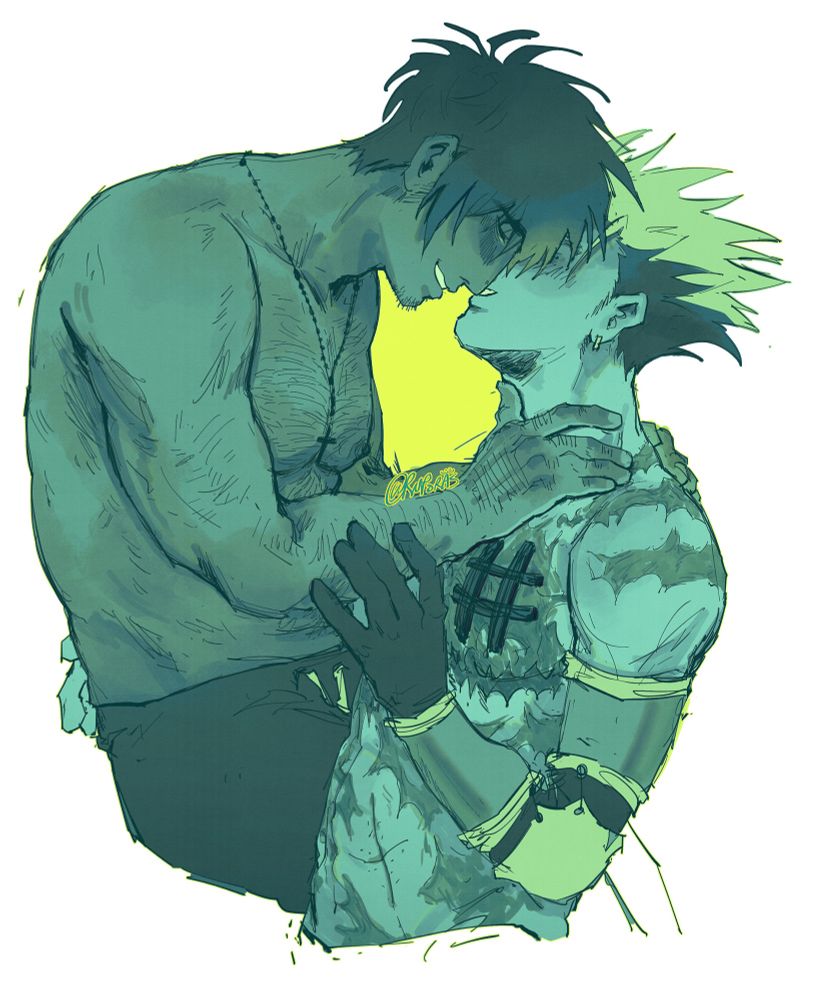 Digital fanart of Vash and Wolfwood from Trigun Maximu, both of them colored in a teal green palette while the background is white saved for the negative space connecting between them, which is in a neon lime green. They’re both half naked. While Vash is cut at the waist, a bit of Wolfwood’s lower body can be seen and he wears sweats. Wolfwood is on the right, facing Vash on the left. He has height over Vash, seated on white space, and leans downwards, smiling closely to Vash’s face. He brings his right hand up to rest gently on the crook of Vash’s neck, a thumb caressing gently at the center of Vash’s throat. His other hand rests against Vash’s nape. Vash is smiling upwards to Wolfwood, his eyes obscured by Wolfwood’s bangs. He has his right hand around Wolfwood’s waist while he brings his left hand up to touch Wolfwood’s arm gently.