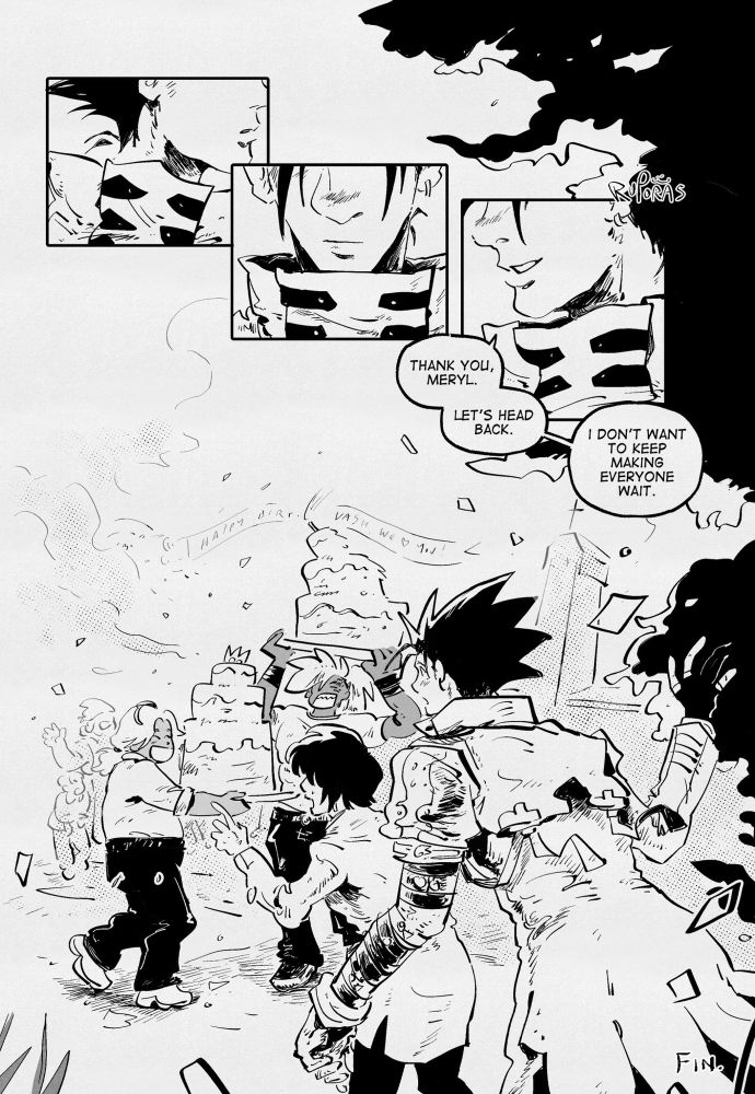not showing his eyes, vash’s reaction is captured in 3 panels; a lingering gaze, looking away but pausing for a moment before finally returning to meryl, saying to her, “thank you, meryl. let’s head back. i don’t want go keep making everyone wait.” the comic draws to a close with vash returning with meryl to the birthday party in the present, milly and razlo holding big birthday cakes with melanie and orphanage kids in the back waving at vash. in the distance in the sky, the home ship flies by, flying a banner that reads “happy birthday vash! we love you!” and confetti is thrown, falling all over in celebration. fin.