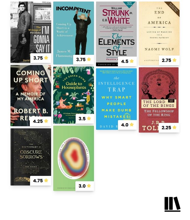Book ratings 
I'm gonna say it now - 3.75
Incompetent - 3.75
Elements of Style - 4.5
End of America - 2.75
Comimg up Shirt - 4.25
Guide to Houseplants - 3.5
The Intelligence Trap - 4.0
Fellowship of the Ring - 2.25
Obscure Sorrows - 4.75
Calculation of Volume - 3.0