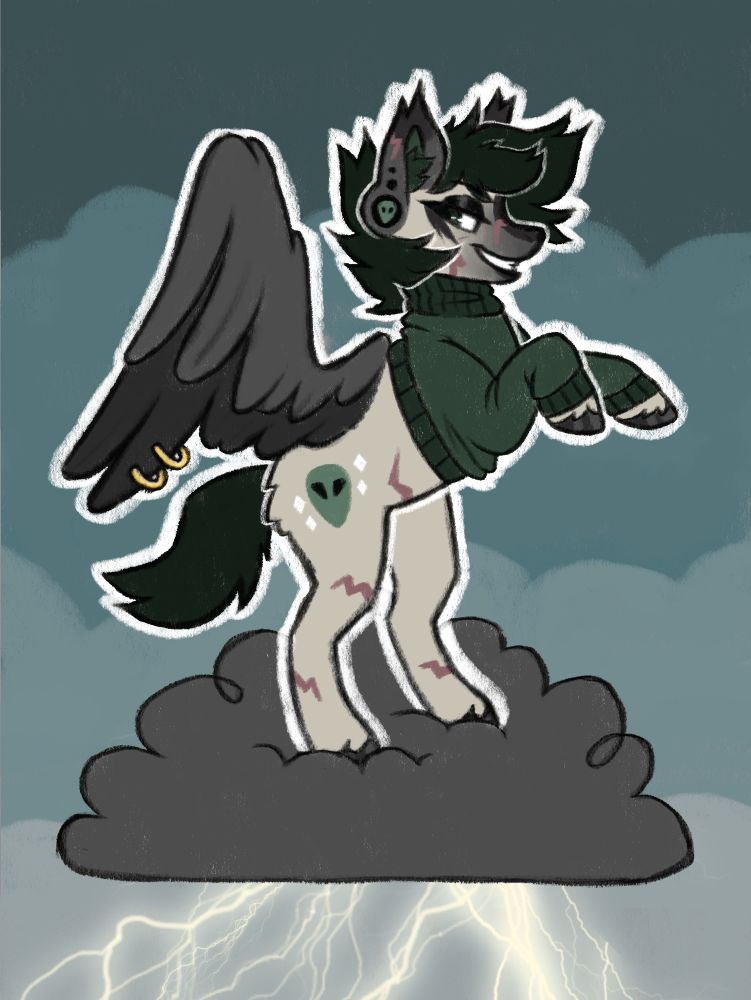 Pegasus pony OC with a green sweater is rearing on two legs, floating on a lightning cloud.