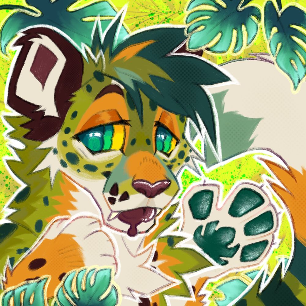 colorful jaguar character with green eyes and a long tail, surrounded by tropical leaves on a vibrant background