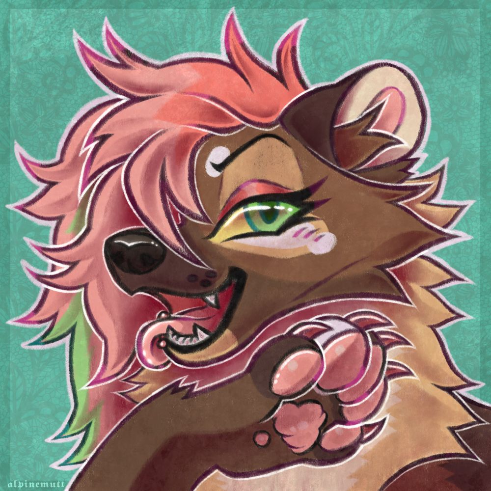 Bust drawing of an anthropomorphic wolverine with long pink/green hair, green eyes, and fur with various brown/tan shades. She has her mouth open with her tongue out featuring a tongue piercing and showing teeth. Her paw is facing up under her chin in a sassy manner. She is set against a teal background with floral designs and a darker border.