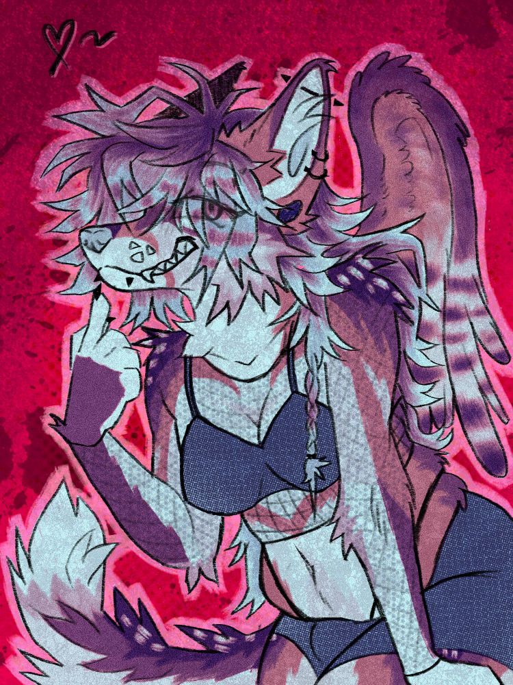 drawing of an anthropomorphic wolf character with wings and big ears, in lingerie, set against a vibrant red, textured background.