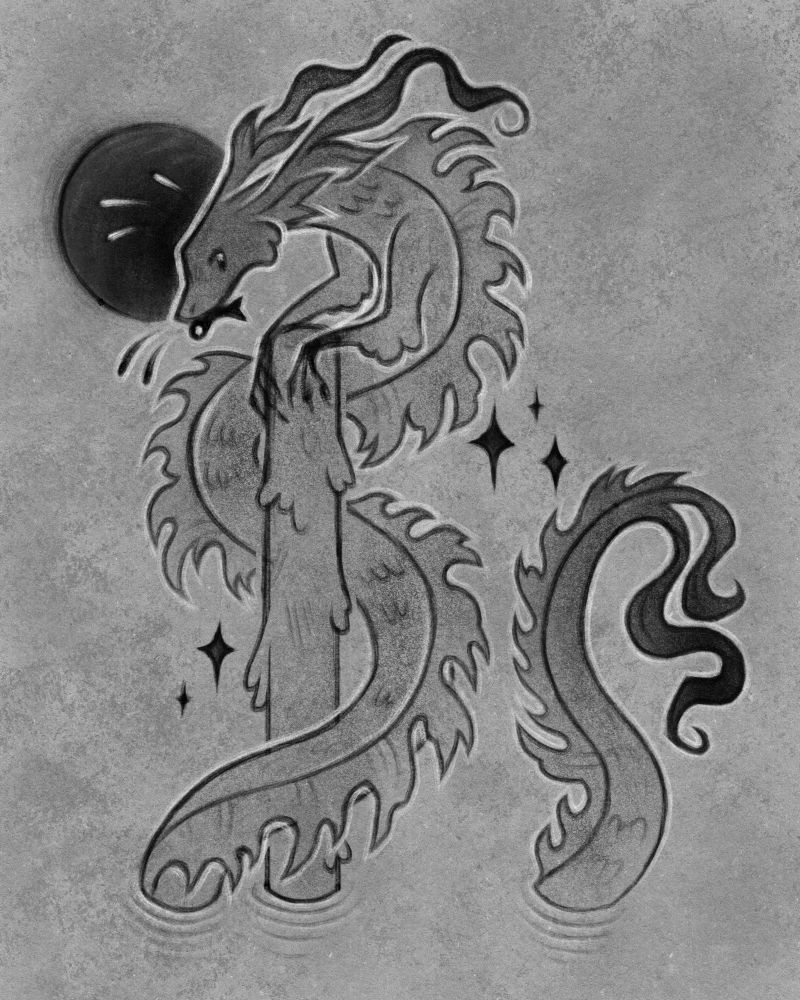 tattoo-style sketch of a flowing sea dragon coming out of the water leaning on a dock post. The moon is behind its head and the dragon is surrounded by sparkles, set against a textured gray background.